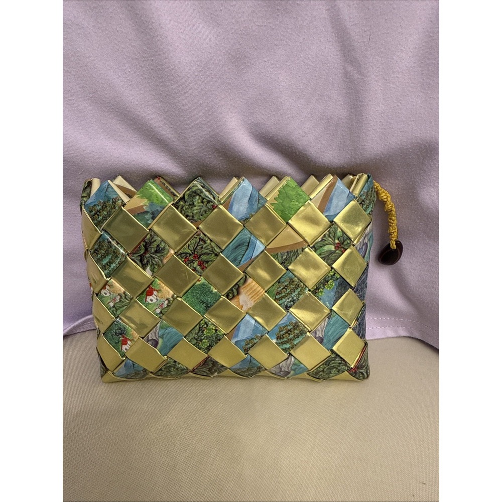 Vintage Y2K Woven Upcycled Art Print Pouch Clutch • Metallic Gold Geometric
